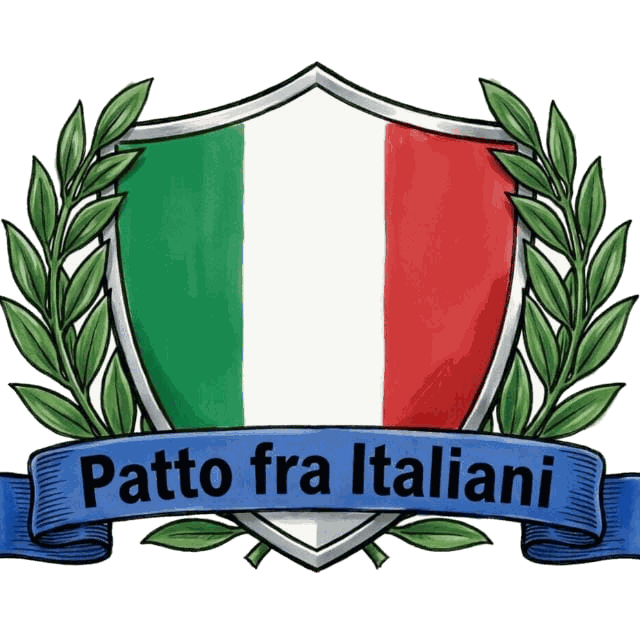Patto fra Italiani — stemma con scudo tricolore, rami d'ulivo e nastro azzurro